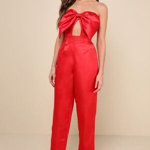 Lulus Iconic Date Red Satin Bow Cutout Strapless Jumpsuit - Size XS